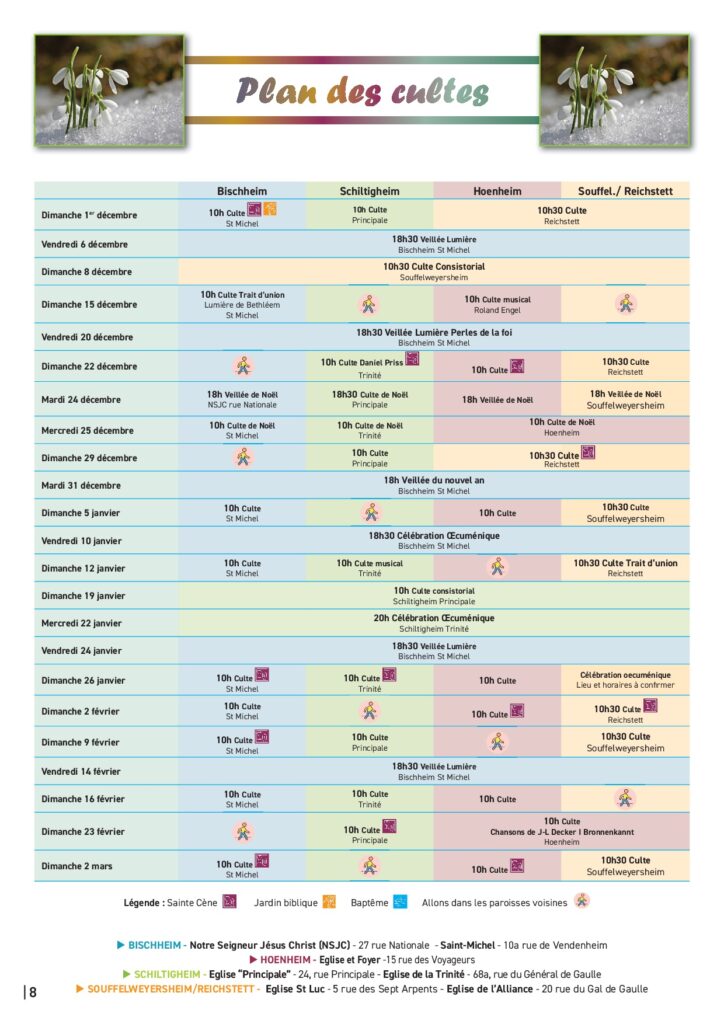 Planning des Cultes décembre 2024 à février 2025